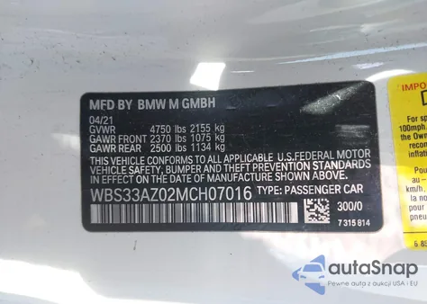 2021 BMW M4 Competition из США, поврежденный, VIN WBS33AZ02MCH07016